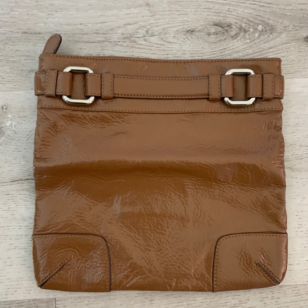 Club Monaco Brown Patent Leather Buckle Detail Zip Top Clutch Bag
